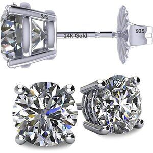 14K Solid Gold Post & Silver Simulated Diamond Stud Earrings-cubic zirconia